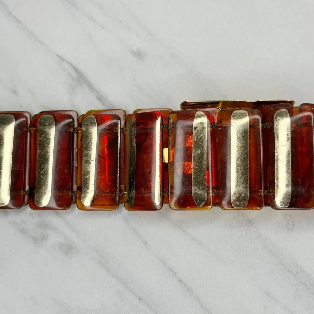 Vintage Red Amber Translucent Plastic Bar Belt Gold Tone Buckle XS/S Small ✨